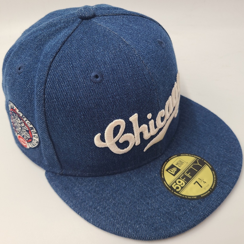 Chicago Cubs Hat Fitted 7 1/4 New Era 59Fifty Blue Denim MLB Wrigley Field Patch